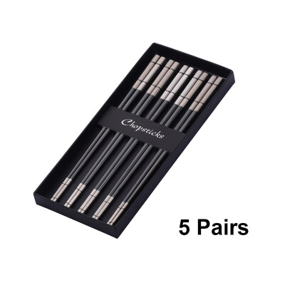 5 Ζεύγη πολυτελείας κινέζικα ξυλάκια από ανοξείδωτο χάλυβα επαναχρησιμοποιήσιμα μπαστούνια σούσι χρυσά ξυλάκια τιτανίου με μεταλλικά μπαστούνια τροφίμων σε κουτί δώρου