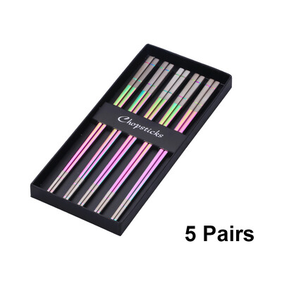 5 Ζεύγη πολυτελείας κινέζικα ξυλάκια από ανοξείδωτο χάλυβα επαναχρησιμοποιήσιμα μπαστούνια σούσι χρυσά ξυλάκια τιτανίου με μεταλλικά μπαστούνια τροφίμων σε κουτί δώρου