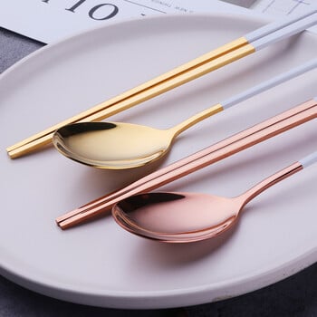 Χρυσά 18/10 Κορεάτικα από ανοξείδωτο ατσάλι Chopsticks τροφίμων Σετ κουταλιών Επίπεδα αντιολισθητικά ξυλάκια με μακριά λαβή Σετ επιδόρπιο κουτάλια σερβίτσιο