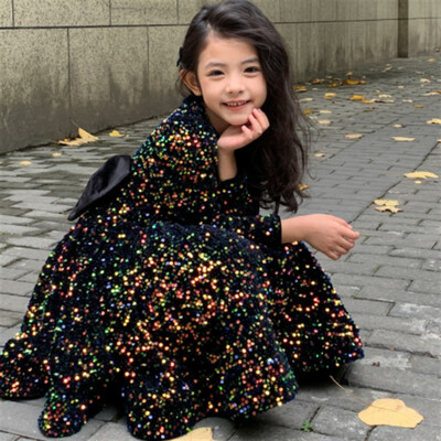 Φόρεμα για κορίτσια βελούδινο παιδικές παγιέτες πριγκίπισσα μωρό 2023 νέο μακρυμάνικο φόρεμα για πάρτι γενεθλίων φιόγκος