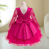 Νεαρά κορίτσια Φόρεμα πάρτι με λουλούδια δαντέλα Παιδικά φορέματα κεντήματα με μεγάλο φιόγκο Κοριτσάκι Καλοκαιρινή μόδα βραδινό φόρεμα χορού παιδικά ζεστό ροζ