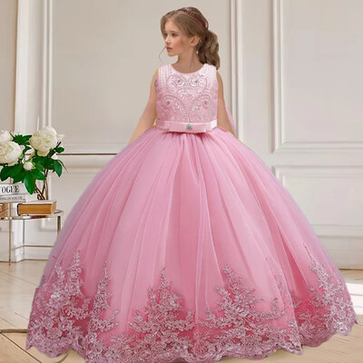 bērnu kleita 3-12 gadus veca izšūta bantīte kāzu kleita meitene princese kleita meitene dzimšanas dienas vakars Atpakaļ Dew Bride kleitas