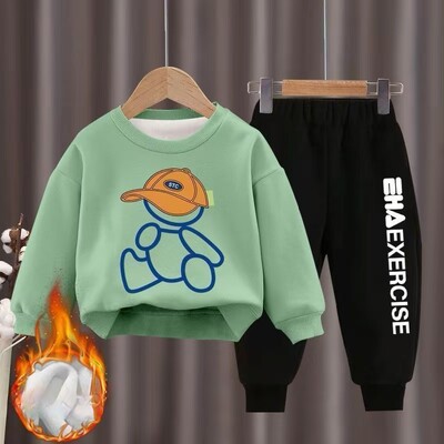 Παιδικά Ρούχα για αγόρια και κορίτσια Φθινοπωρινό μπλουζάκι και παντελόνι με φλις επένδυση 2 τεμαχίων Σετ εφηβικής φόρμας χειμωνιάτικων κινουμένων σχεδίων αρκούδας