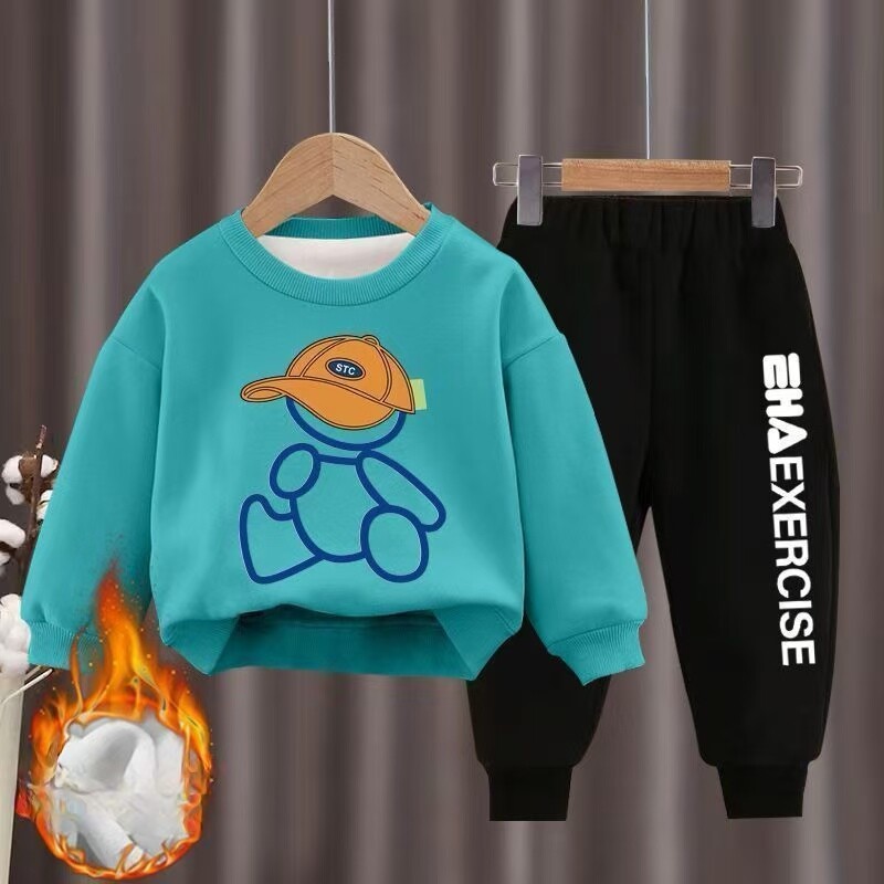 Παιδικά Ρούχα για αγόρια και κορίτσια Φθινοπωρινό μπλουζάκι και παντελόνι με φλις επένδυση 2 τεμαχίων Σετ εφηβικής φόρμας χειμωνιάτικων κινουμένων σχεδίων αρκούδας