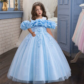 Νέο λουλούδι για γαμήλια πάρτι, κορίτσι με δίχτυ ώμου, κομψό βραδινό φόρεμα με κεντητό πάρτι γενεθλίων για κορίτσι πριγκίπισσα