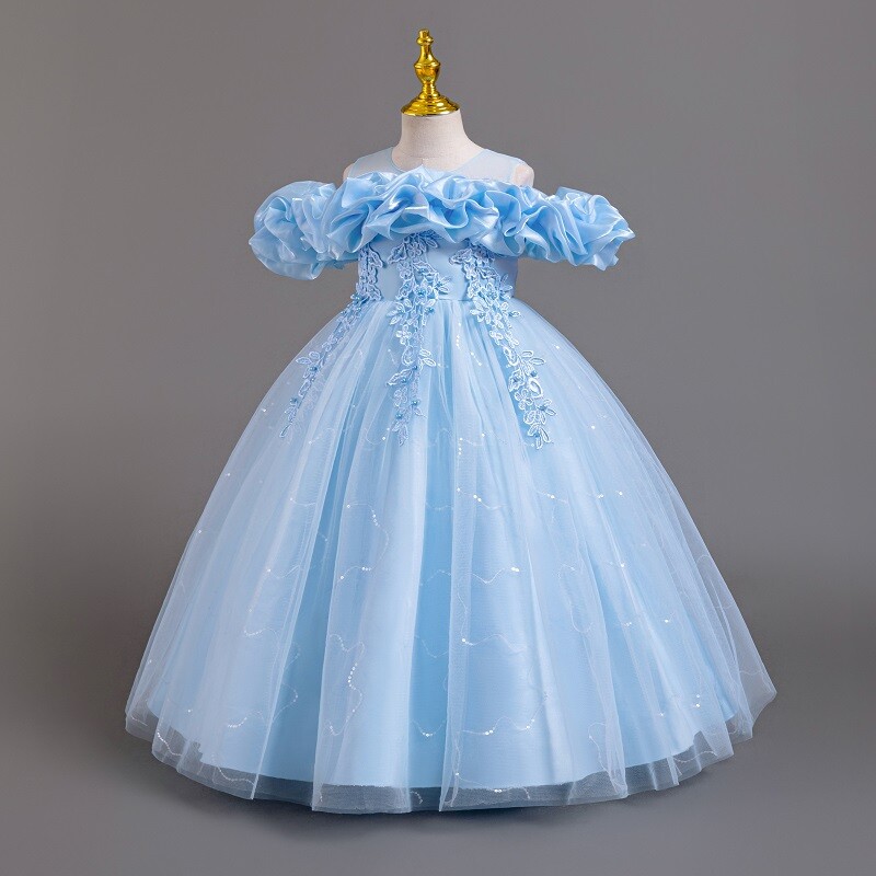 Νέο λουλούδι για γαμήλια πάρτι, κορίτσι με δίχτυ ώμου, κομψό βραδινό φόρεμα με κεντητό πάρτι γενεθλίων για κορίτσι πριγκίπισσα