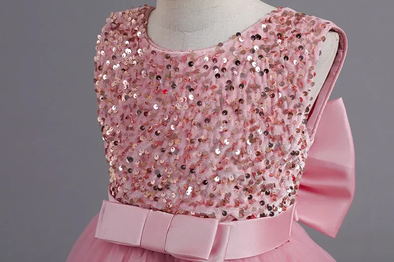 Φόρεμα με χνουδωτή παγιέτα Bridemaid Πριγκίπισσα για κορίτσια Κομψό φιόγκο ροζ γαμήλιο βραδινό χορό Παιδικά φορέματα για πάρτι για κορίτσια κοστούμια γενεθλίων