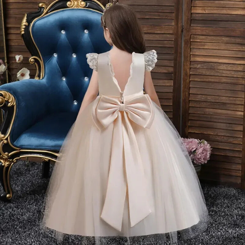 Nyári gyerekek koszorúslány ruhák Rövidnadrág ujjú csipkehálós virágos lányruhák esküvőre Divat lányos parti ruha 3-12 éves korig