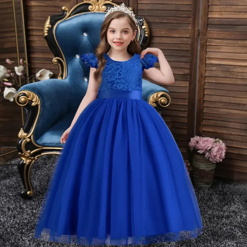 Nyári gyerekek koszorúslány ruhák Rövidnadrág ujjú csipkehálós virágos lányruhák esküvőre Divat lányos parti ruha 3-12 éves korig