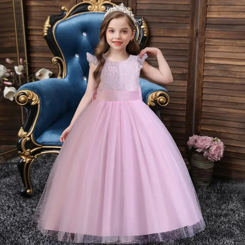 Nyári gyerekek koszorúslány ruhák Rövidnadrág ujjú csipkehálós virágos lányruhák esküvőre Divat lányos parti ruha 3-12 éves korig