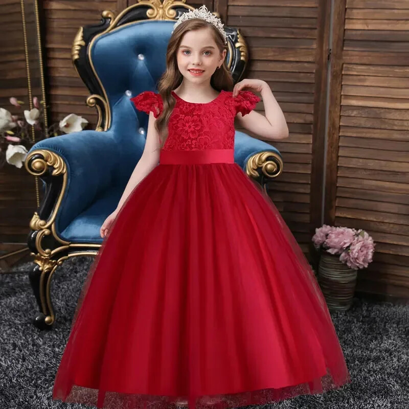 Nyári gyerekek koszorúslány ruhák Rövidnadrág ujjú csipkehálós virágos lányruhák esküvőre Divat lányos parti ruha 3-12 éves korig