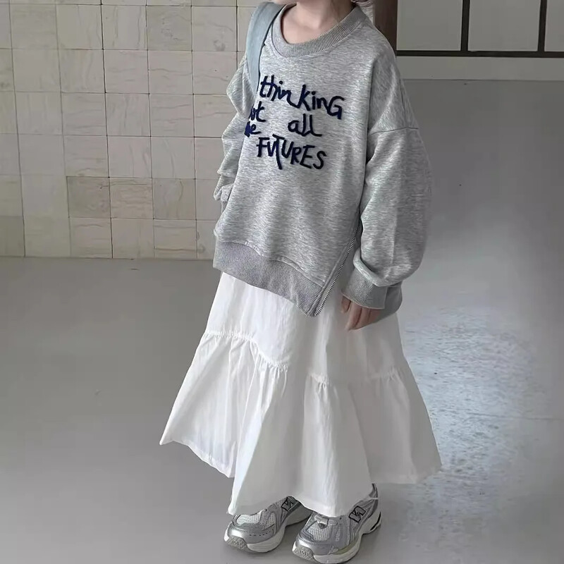 Hanorace pentru fete Seria coreeană Pulover cu furculiță despicată Copii Scrisoare de broderie Ușor Cauzală Moda simplu Guler rotund 2024