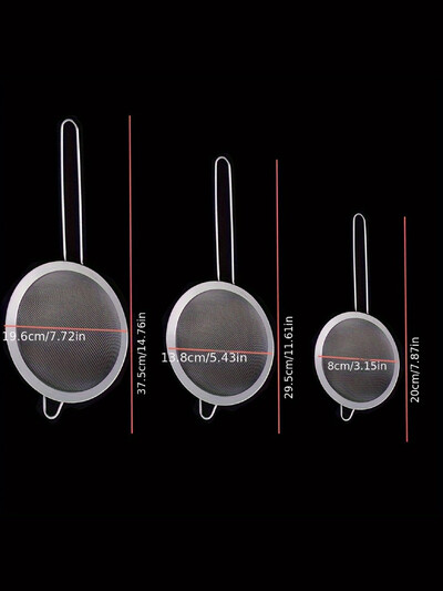 3 smulkaus tinklelio nerūdijančio plieno sietelio rinkinys su ilga rankena virtuvės įrankiu