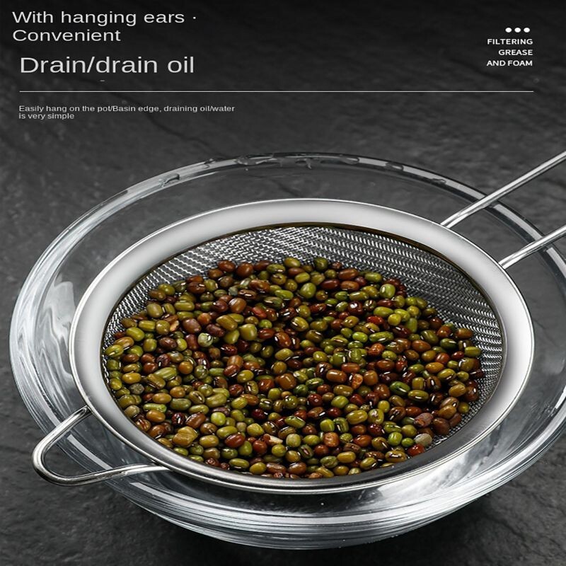 3 smulkaus tinklelio nerūdijančio plieno sietelio rinkinys su ilga rankena virtuvės įrankiu