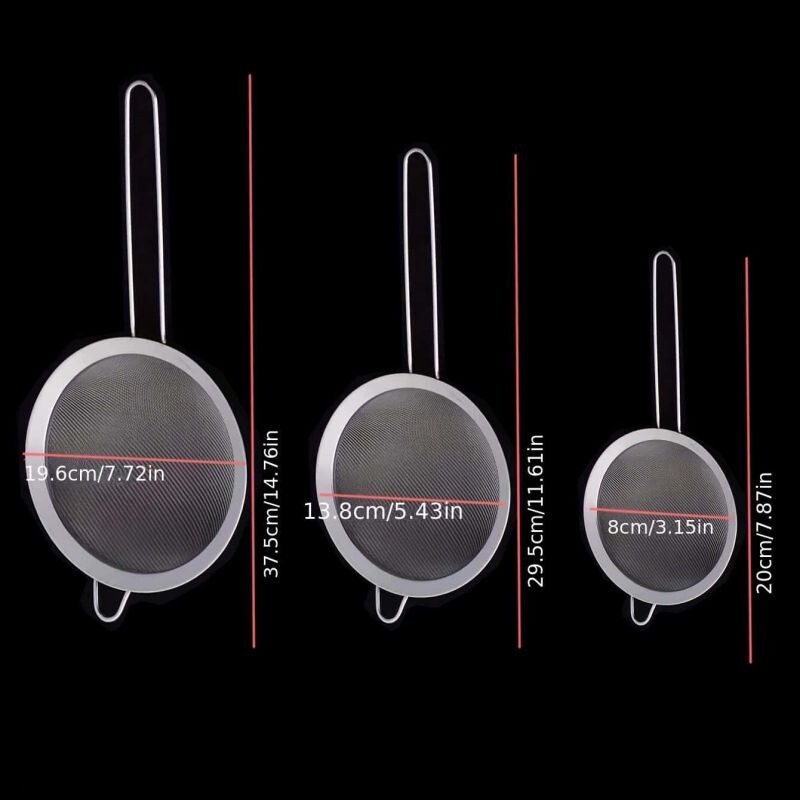 3 smulkaus tinklelio nerūdijančio plieno sietelio rinkinys su ilga rankena virtuvės įrankiu