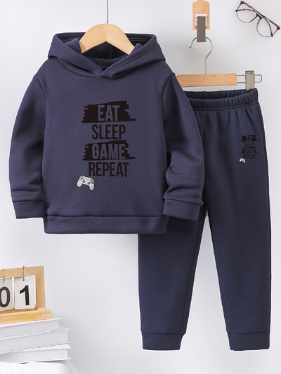 2 seturi de toamnă/iarnă, stil sportiv nou casual pentru băiat, cu imprimeu confortabil cu litere, căptușeală caldă cu hanorac și pantaloni de trening