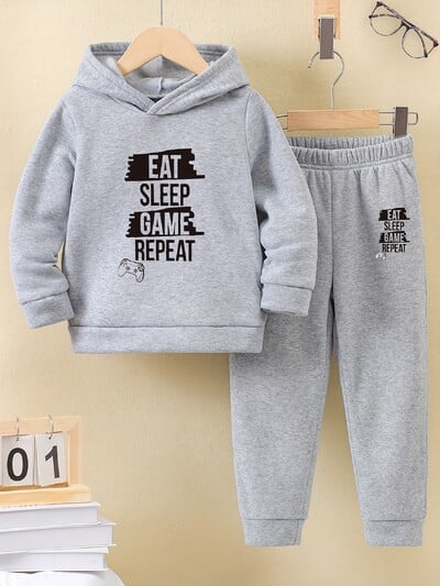 2 seturi de toamnă/iarnă, stil sportiv nou casual pentru băiat, cu imprimeu confortabil cu litere, căptușeală caldă cu hanorac și pantaloni de trening