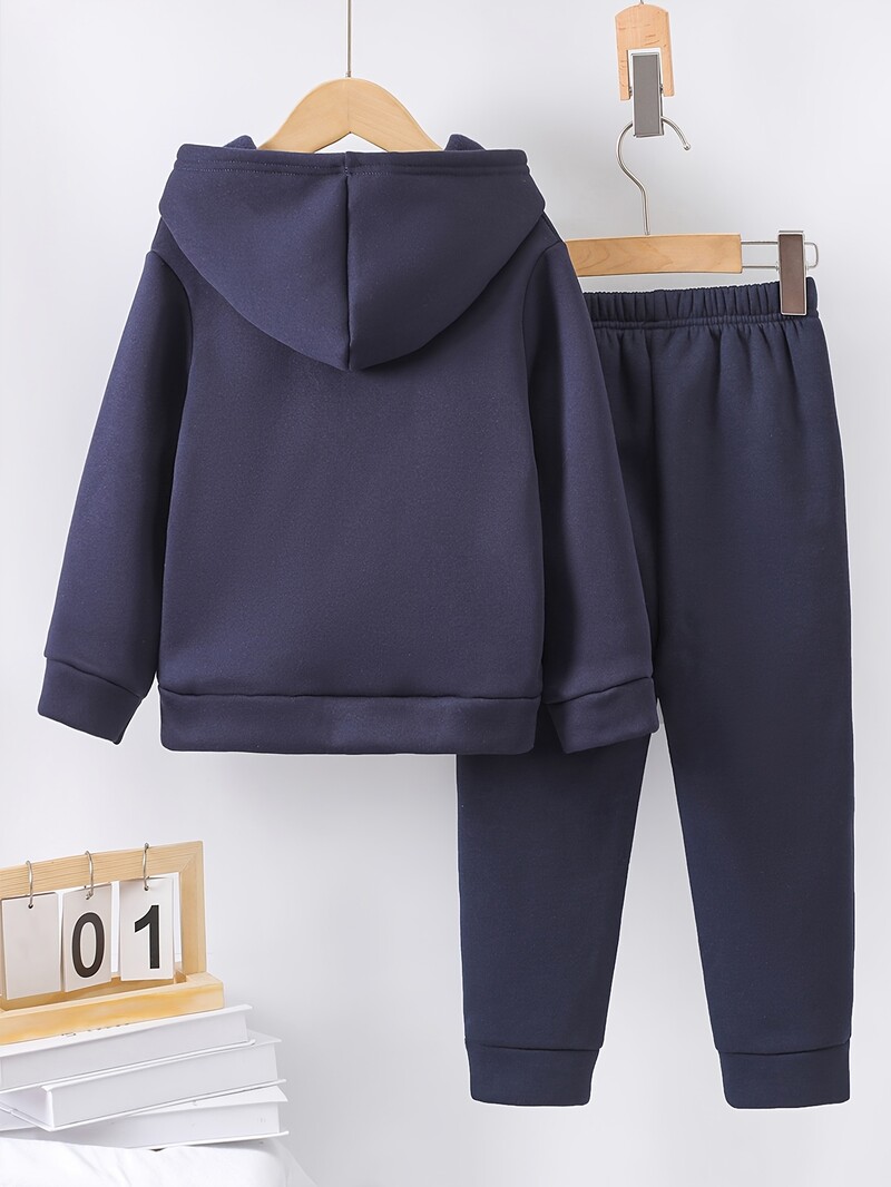 2 seturi de toamnă/iarnă, stil sportiv nou casual pentru băiat, cu imprimeu confortabil cu litere, căptușeală caldă cu hanorac și pantaloni de trening