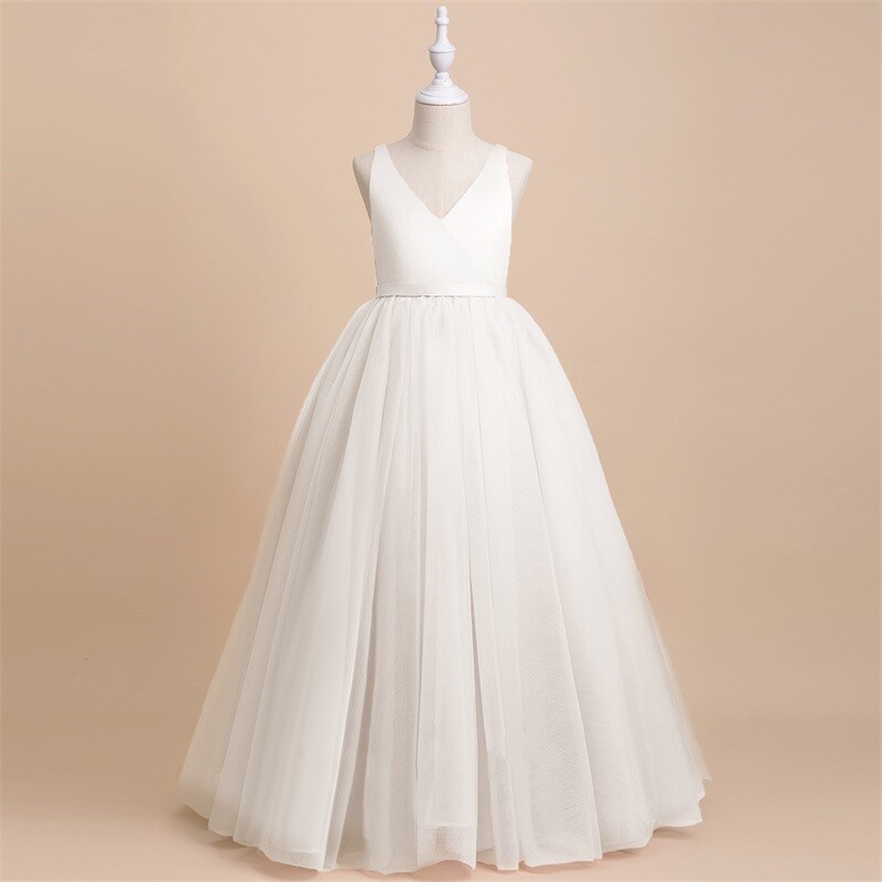 Elegáns lányok nagy masni ruha tini lány fehér elsőáldozási szertartás, hosszú köntös Ruházat gyerekeknek menyasszonyi csillogás esküvői V-nyakú Vestidos
