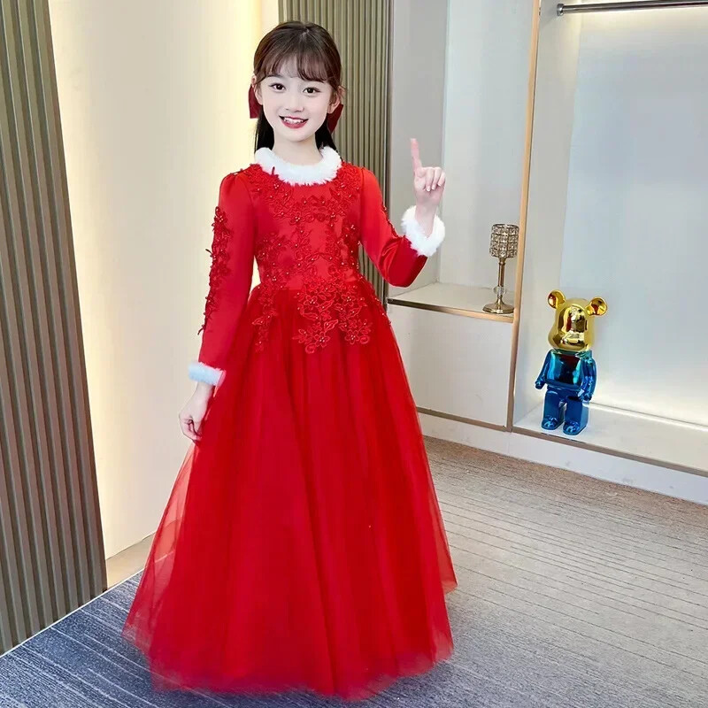Divatos gyermek estélyi ruhák Hálós csipke hosszú ujjú meleg lányok hercegnői ruha Téli gyerek koszorúslány ruhák 4-14 éves korig