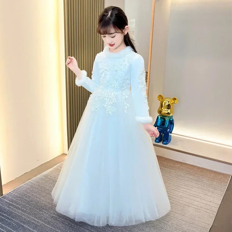 Divatos gyermek estélyi ruhák Hálós csipke hosszú ujjú meleg lányok hercegnői ruha Téli gyerek koszorúslány ruhák 4-14 éves korig