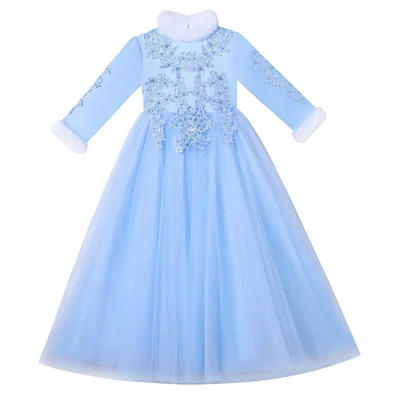 Divatos gyermek estélyi ruhák Hálós csipke hosszú ujjú meleg lányok hercegnői ruha Téli gyerek koszorúslány ruhák 4-14 éves korig