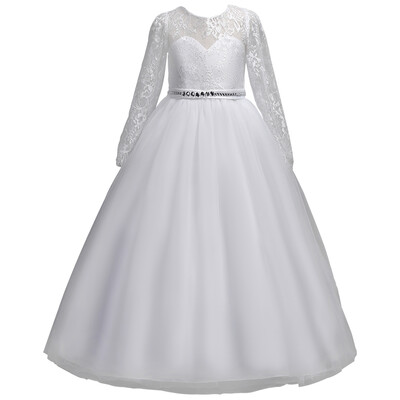 Cea mai bine vândută rochie de domnișoară de onoare pentru copii albă europeană și americană, fustă mare cu mânecă lungă din dantelă, rochie de prințesă pentru fetiță de flori