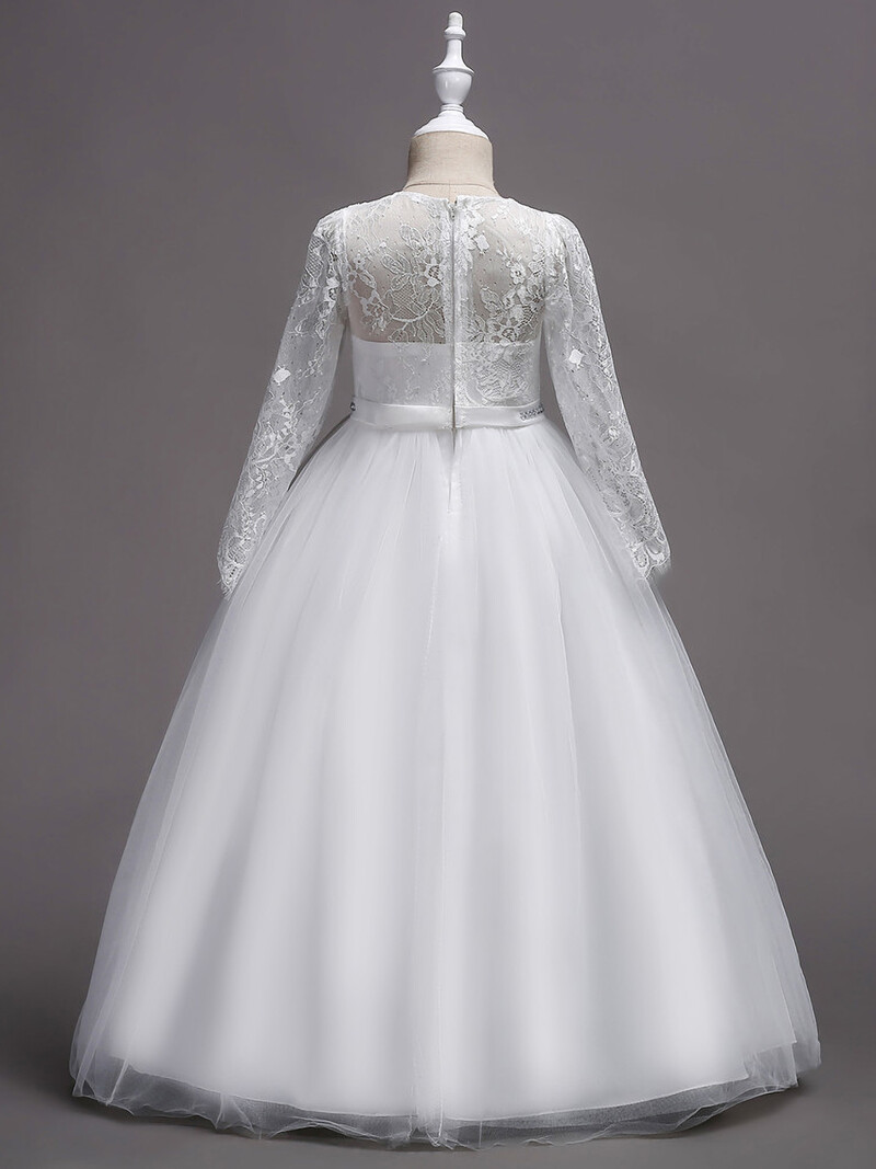 Cea mai bine vândută rochie de domnișoară de onoare pentru copii albă europeană și americană, fustă mare cu mânecă lungă din dantelă, rochie de prințesă pentru fetiță de flori