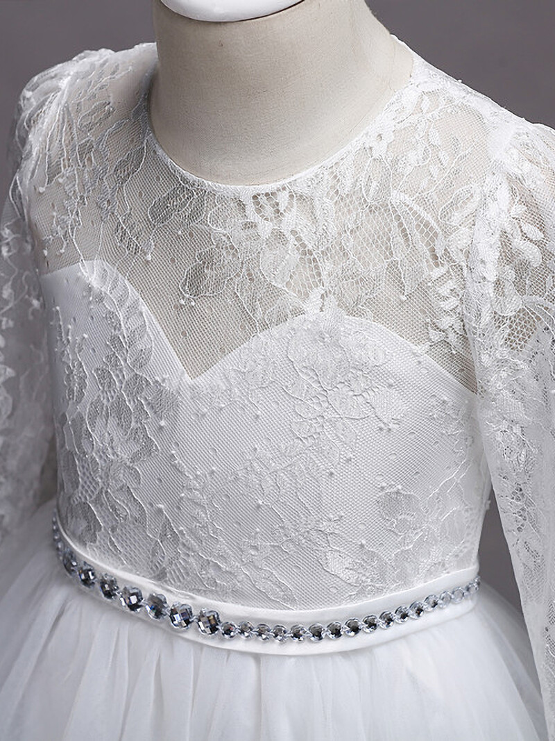 Cea mai bine vândută rochie de domnișoară de onoare pentru copii albă europeană și americană, fustă mare cu mânecă lungă din dantelă, rochie de prințesă pentru fetiță de flori