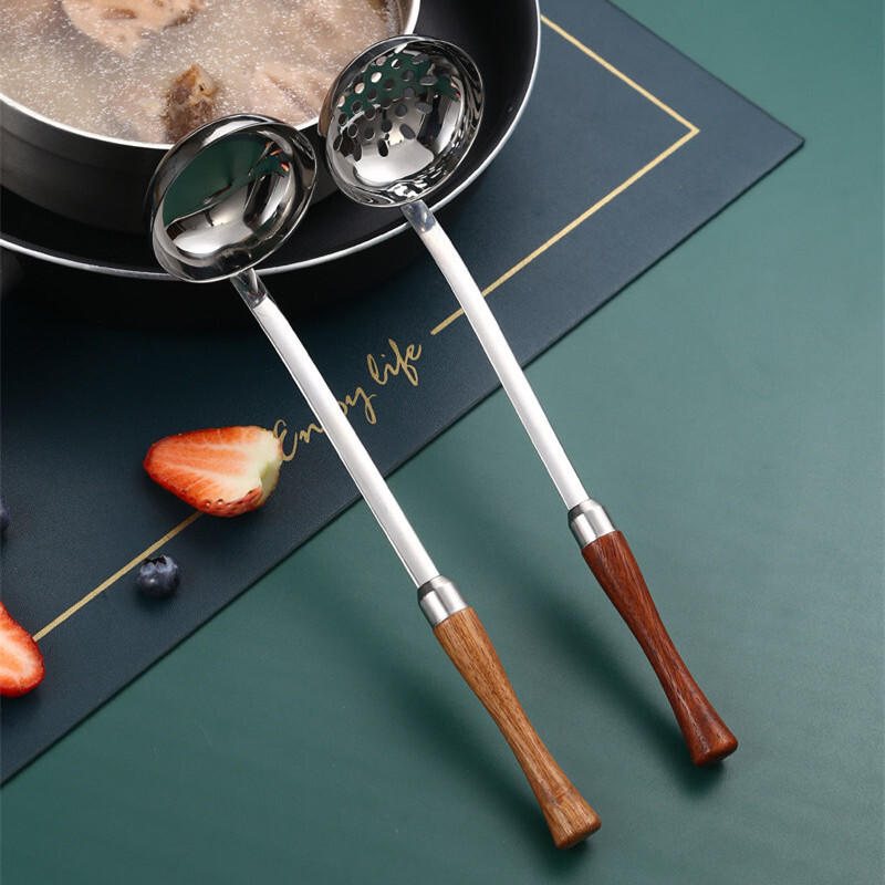 Ilgos medinės rankenos skimerio sriubos šaukštas, serviravimo šaukštas, nerūdijančio plieno virtuvės reikmenys – nemokamas pristatymas