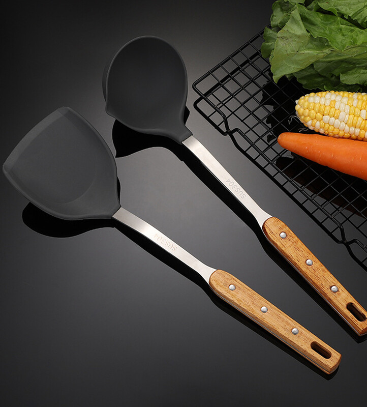 Mittenakkuv silikoonist spaatliga lusikas 304 roostevabast terasest köögitarvete komplekt puidust käepidemega praadimislabidas avalikud lusikad nõud kraam