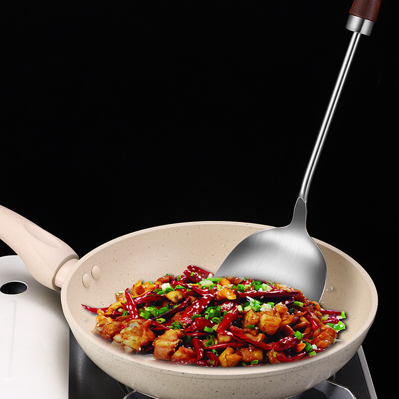 Virtuvė ilga medinė rankena nerūdijantis plienas japoniško stiliaus virtuvės reikmenys sriubos šaukštas menteles kepti kastuvas kiaurasamčiai Indai