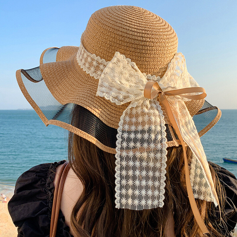 Vasarinė skrybėlė nuo saulės Moteriška jūra paplūdimio atostogų kepurė nuo saulės Lauko kepurė su dideliais kraštais Miela graži šiaudinė kepurė