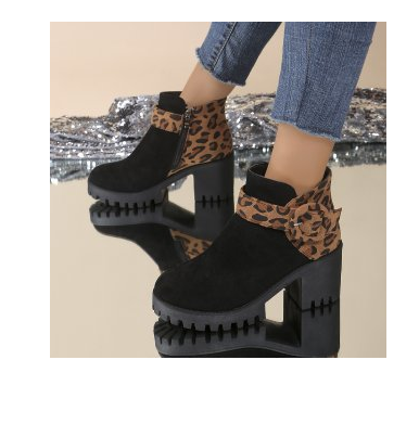 2024-es új, határokon átnyúló kültéri kereskedelmi női nagy méretű csizma, brit stílusú leopárdmintás divatcsizma, hozzáillő szín lekerekített orrokkal, oldalsó cipzárral és vastag sarokkal
