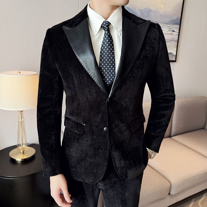 Ārējā tirdzniecība pārrobežu jaunais vīriešu šenila raibās ādas modes tendence trīsdaļīgs uzvalks korejiešu versijas jauniešu krāsu raibs uzvalks