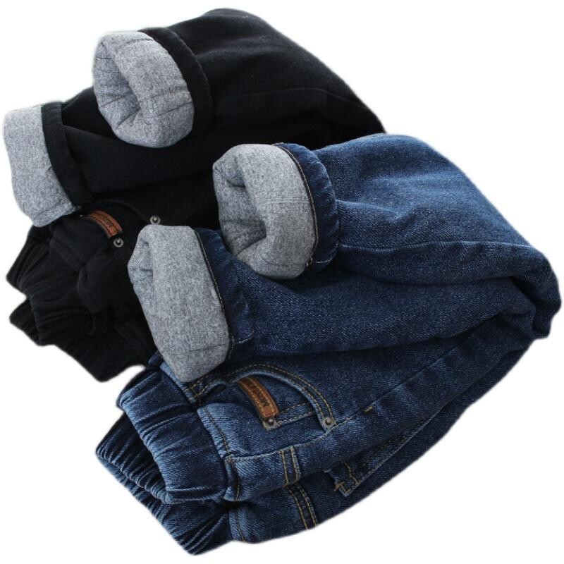 Vaikiškos medvilninės džinsinės kelnės žiemai, trijų sluoksnių, universalios žieminės, šiltos