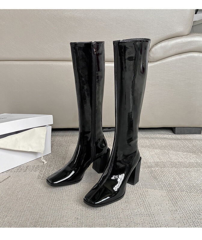 2022. őszi tél, sima, négyzet alakú női csizma, vastag sarkú, nem több, mint magas cipzáras csizma, magassarkú, hosszú lovaglócsizma, nagy méretű