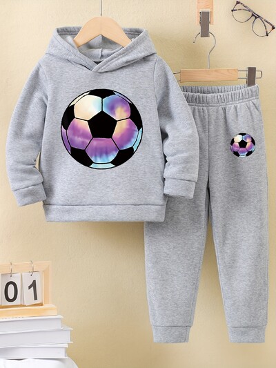 2 rinkiniai rudens/žiemos nauji laisvalaikio komforto sportinio stiliaus šilti berniukiški futbolininkai su šiltu pamušalu gobtuvu ir sportinio kostiumo kelnės