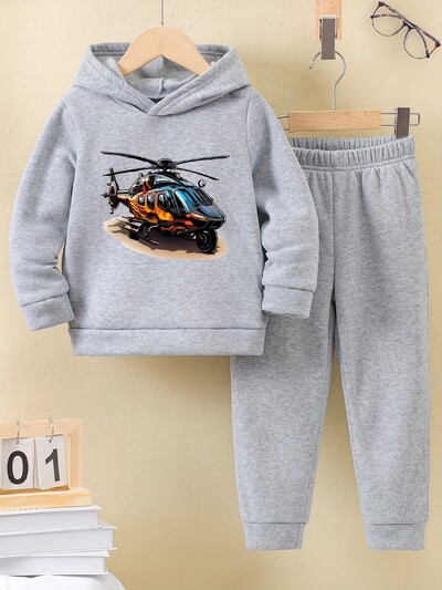 2 σετ Φθινόπωρο/Χειμώνας νέο casual comfort αθλητικό στυλ ζεστό αγόρι αεροπλάνο με στάμπα με κουκούλα και αθλητική φόρμα