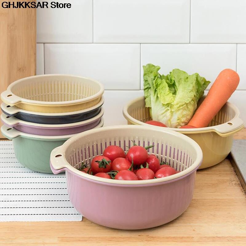 Nuimamas dviejų sluoksnių plastikinis maisto sietelis tuščiaviduris vaisių daržovių plovimo kiaurasamtis virtuvės valymui skalbimo krepšelio sietelis 1vnt