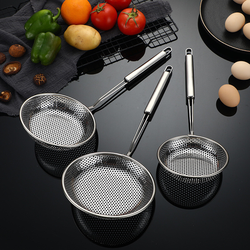 5 dydžių nerūdijančio plieno plokščiadugnis kiaurasamtis ilgos rankenos tinklinis sietelis karščiui atsparus karšto puodo kepimo kaušelis skimerio šaukštas