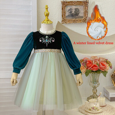 Φθινόπωρο/Χειμώνας για κορίτσια 2024 Νέο βελούδινο φόρεμα Παιδικό Halloween Cosplay πάρτι γενεθλίων Κομψό κορίτσι Anna Frozen Queen Green φόρεμα