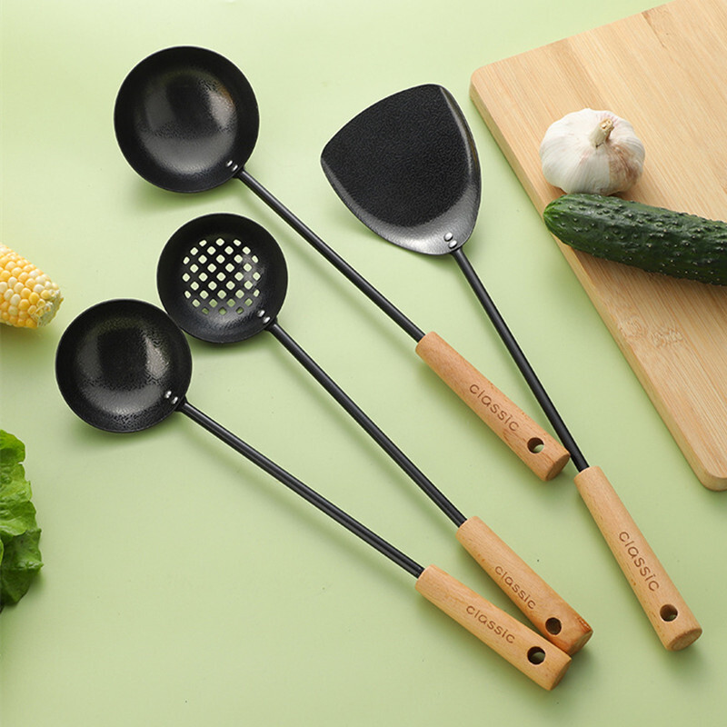 Roostevabast terasest puidust käepidemega kööginõud Spaatliga skimmer, paksendatud praadimislabidas Põlemisvastased küpsetusnõud köögi jaoks