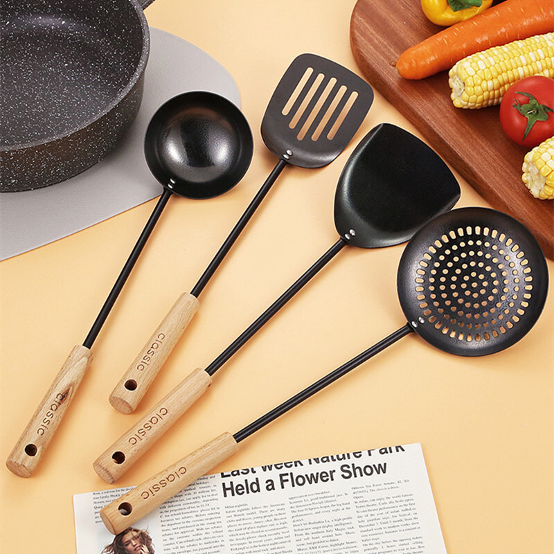Roostevabast terasest puidust käepidemega kööginõud Spaatliga skimmer, paksendatud praadimislabidas Põlemisvastased küpsetusnõud köögi jaoks