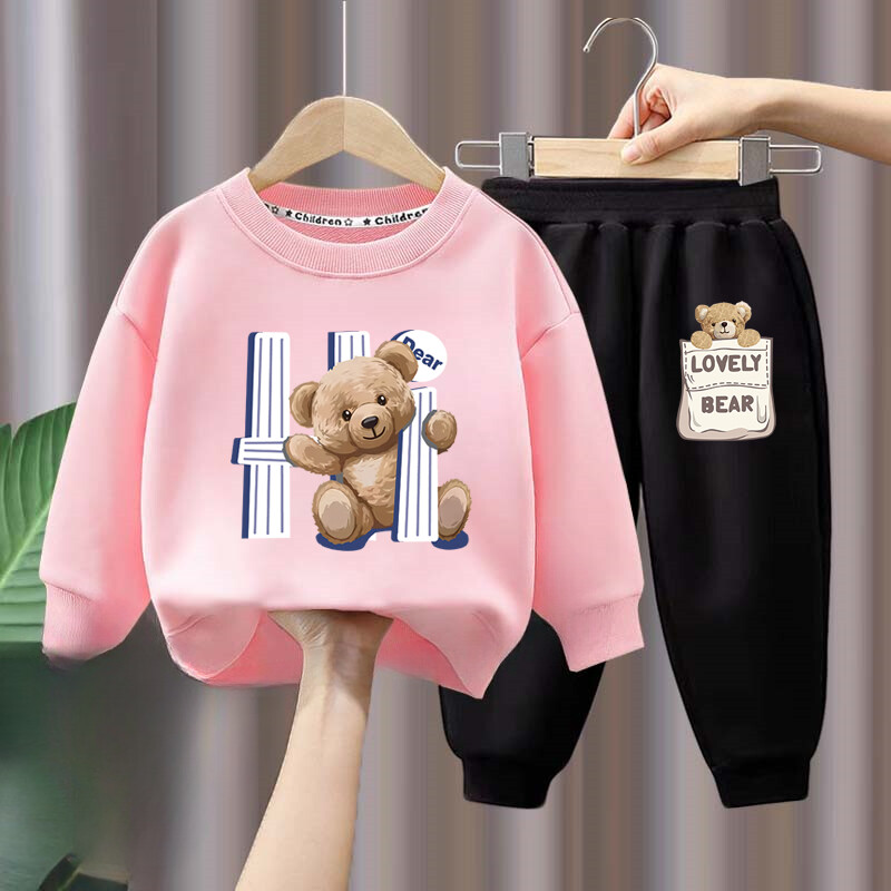 Rudens mazulis, meitene zēns, drēbju komplekts bērniem, multfilma, lācis, apdrukāts džemperis, augšdaļa un bikšu apakšdaļa, divdaļīgs uzvalks kokvilnas treniņtērps