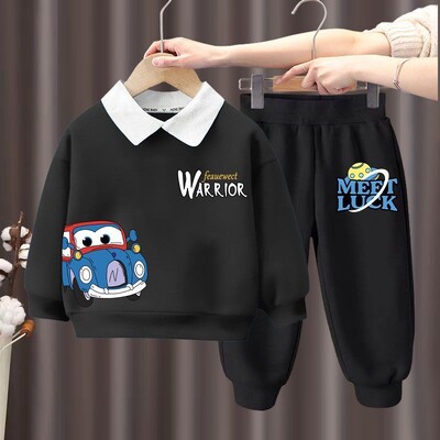 Zēniem nolaižama apkakle, džemperis, top komplekti rudens jauns garo bikšu komplekts bērniem multfilmu drukas sporta kostīmi mazuļu bērnu treniņtērps