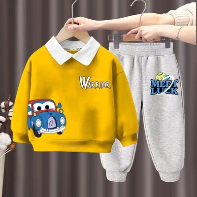 Zēniem nolaižama apkakle, džemperis, top komplekti rudens jauns garo bikšu komplekts bērniem multfilmu drukas sporta kostīmi mazuļu bērnu treniņtērps