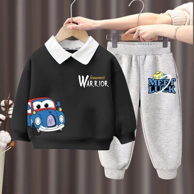 Zēniem nolaižama apkakle, džemperis, top komplekti rudens jauns garo bikšu komplekts bērniem multfilmu drukas sporta kostīmi mazuļu bērnu treniņtērps