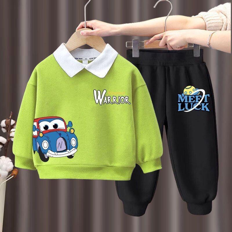 Zēniem nolaižama apkakle, džemperis, top komplekti rudens jauns garo bikšu komplekts bērniem multfilmu drukas sporta kostīmi mazuļu bērnu treniņtērps
