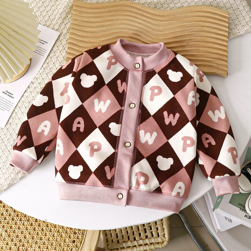Kūdikių berniukų mergaičių storas šiltas megztinis Naujas 2024 m. rudens, žiemos vaikams animacinis filmas Dinozaurų raidės Trikotažo megztinis Paltas Laisvalaikio drabužiai